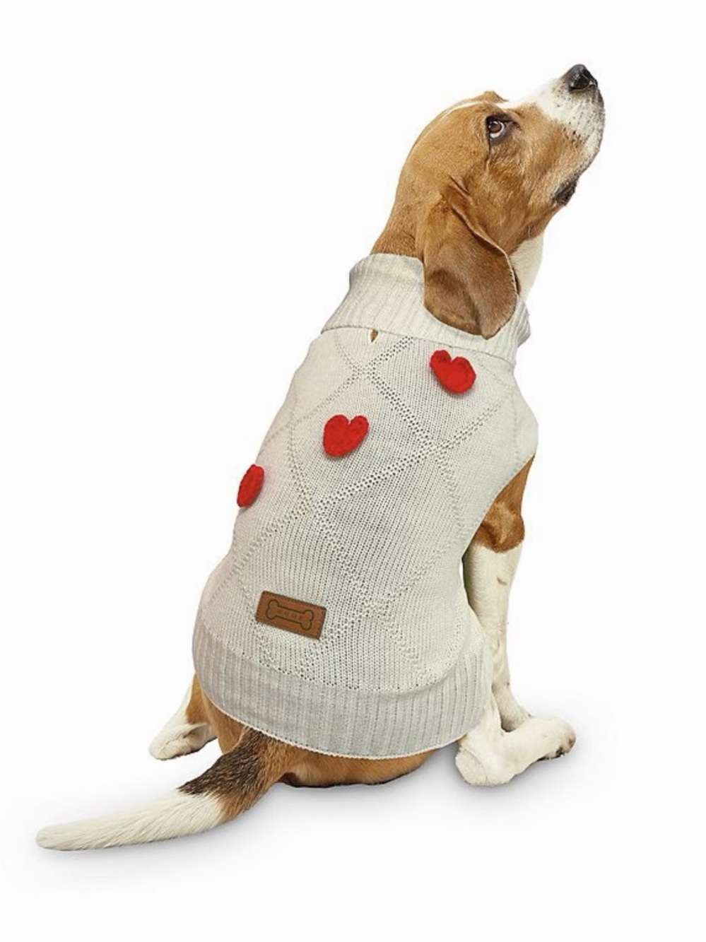 Cream Dog Sweater with Red Heart Accents
